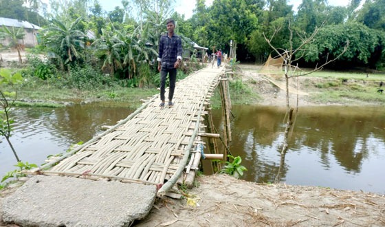 নীলফামারীতে বাঁশের সাঁকো দিয়ে ১০ গ্রামের মানুষের নদী পারাপার