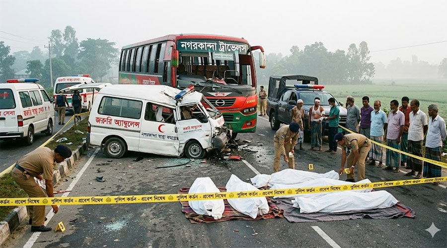 ফরিদপুরে বাস-অ্যাম্বুলেন্সের মুখোমুখি সংঘর্ষ, ৫ জনের মৃত্যু