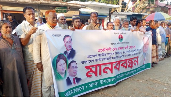 মান্দায় বিএনপির মনোনীত প্রার্থী পরিবর্তনের দাবিতে মানববন্ধন